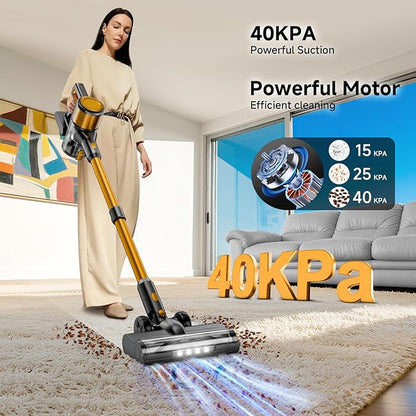 Vaconly Cordless Vacuum Cleaner, 8 in 1 40Kpa 55Mins,Lightweight Vacuum Cleaners for Home, Stick Vacuum with Anti-Tangle Brush,Wall Mount, Rechargeable Cordless Vacuum for Floor/Sofa/Pet Hair,Gold