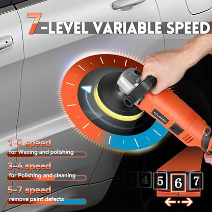 Buffer Polisher, Powerful Buffer Waxer, 7 Variable Speed 1000-3500 RPM,Rotary Polisher with 6" and 7" Backing Plate, 1580W Rotary Polisher for Car Polishing, Waxing, Glaze, Sanding