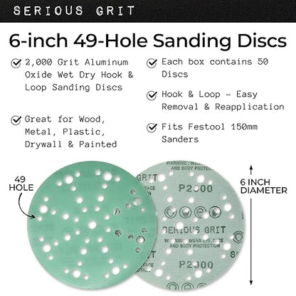 Serious Grit - 6-Inch 49-Hole 2000 Grit Sanding Discs - Heavy-Duty Hook & Loop Film Discs - Sandpaper for Random Orbital Sanders - 50 Pack Box