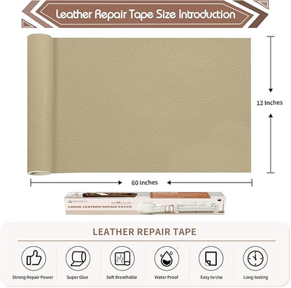 KING MOUNTAIN Leather Repair Patch,12 x 60 Inches self Adhesive Leather Repair Tape for Damaged Leather Furniture, Sofa Seating,Car Seats, Leather Goods（Medium Beige）