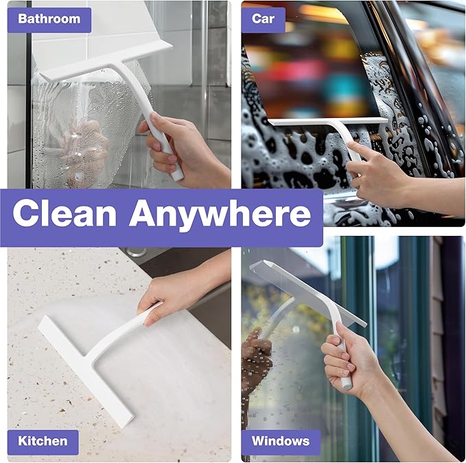 Kincmax All-Purpose Shower Squeegee - Stainless Steel Silicone Bath Squeegee for Glass Doors With Hook - Bathroom Kitchen Window Door - Small White