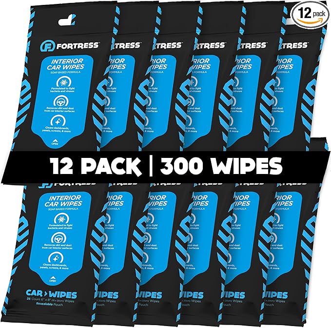 Fortress Car Interior Wipes (25 ct, Pack of 12) for Car Interior Cleaning, Dashboard, Seats, Detailing, and Steering Wheel [Travel Size] Skin-Safe Car Interior Cleaner Supplies