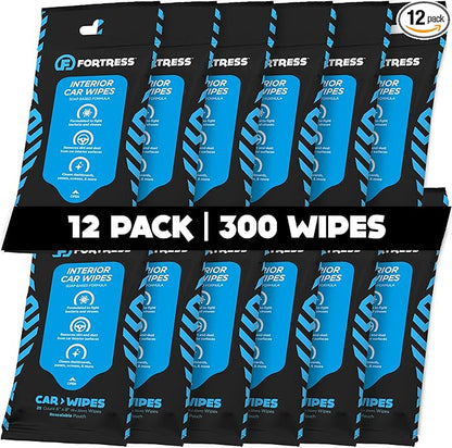 Fortress Car Interior Wipes (25 ct, Pack of 12) for Car Interior Cleaning, Dashboard, Seats, Detailing, and Steering Wheel [Travel Size] Skin-Safe Car Interior Cleaner Supplies