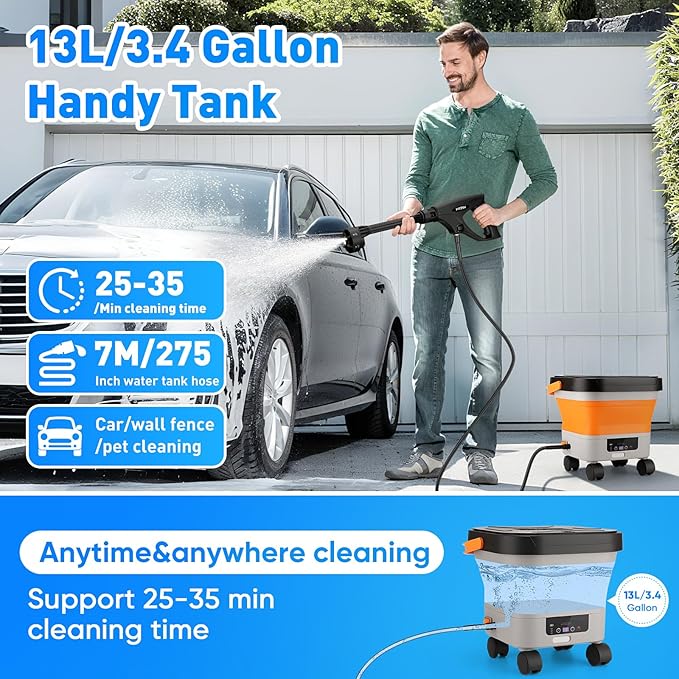 660PSI Portable Cordless Pressure Washer with Folding 3.4Gal Tank, 6-in-1 Nozzle, 7 Adjustable Pressure Levels, 7M Hose, Portable Sprayer with Wheels for Car Floor Wall Fence Cleaning (Orange)