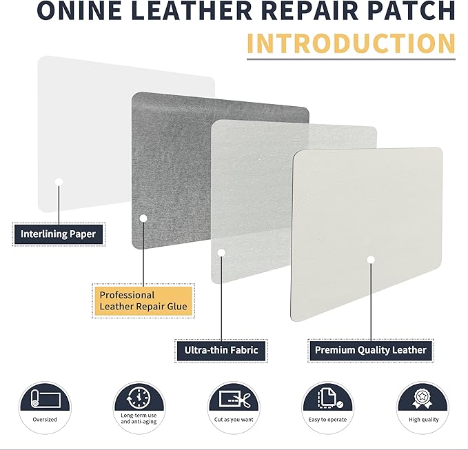 ONine Leather Repair Patch，Leather Repair Tape, 12 x 48 inches Leather Repair Patch for Furniture,Vinyl Repair Kit，Leather Couch Patch，for Sofas, Furniture, Car Seats, Office Chairs(White)
