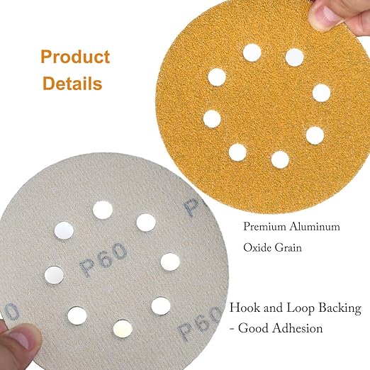 Aiyard 5-Inch 8-Hole Hook and Loop Sanding Discs 60-Grit Random Orbit Sandpaper, 100-Pack