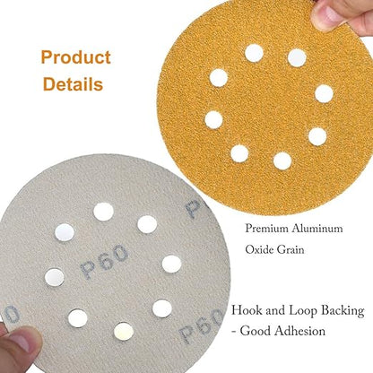Aiyard 5-Inch 8-Hole Hook and Loop Sanding Discs 60-Grit Random Orbit Sandpaper, 100-Pack