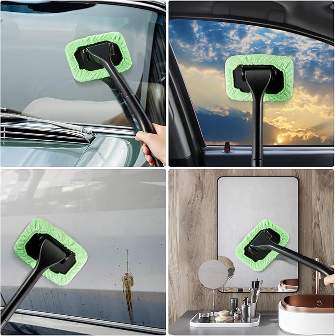 Frienda 2 Set Windshield Cleaner Tool Inside Car Windshield Cleaning Wand Auto Window Cleaner with Detachable Handle, 8 Reusable Microfiber Pads and 2 Spray Bottles for Car Interior(Green)