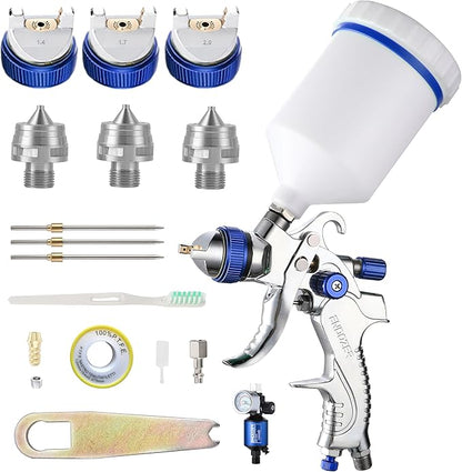 ENDOZER Professional HVLP Spray Gun Set Gravity Feed Air Spray Gun with 1.4,1.7,2.0mm Nozzles, 20 oz, 600cc with Gauge for Auto Paint, Primer, Clear/Top Coat & Touch-Up Blue