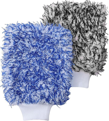 Microfiber Car Wash Mitts, 2Pack Premium Scratch-Free Car Wash Gloves with Thick Elastic Cuff for Auto Detailing, Cars, Trucks, SUVs, Boats (Blue & Black)