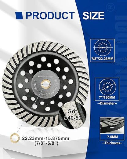 SHDIATOOL 7 Inch Turbo Row Diamond Grinding Cup Wheel for Concrete Granite Marble Masonry Brick Fits 7/8 Inch Arbor