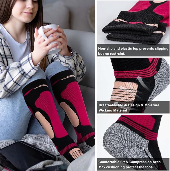 Merino Wool Ski Socks 2 Pairs for Mens Womens Knee High Thermal Snowboarding Socks for Cold Weather