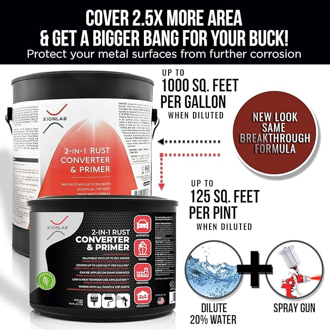 Xion Lab 2 in 1 Rust Converter & Metal Primer - Covers Up to 4X More - Industrial Grade Water Based UV Resistant Rust Reformer - No Top Coat Needed - Rust Inhibitor Works On Damp Surfaces (Pint)