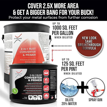 Xion Lab 2 in 1 Rust Converter & Metal Primer - Covers Up to 4X More - Industrial Grade Water Based UV Resistant Rust Reformer - No Top Coat Needed - Rust Inhibitor Works On Damp Surfaces (Pint)