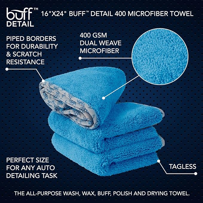 Detail Microfiber Car Towels Bulk (16"x 24") | 400 GSM | 80/20 Blend | Tagless | Soft Satin Piped Edges | All-Purpose Auto Detailing - Wax, Buff, Polish, Wash, Dry | Case of 108 (Blue)