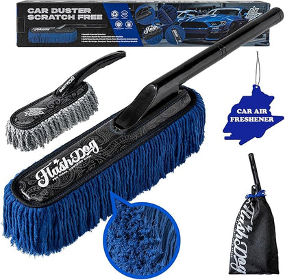 Flash Dog Wood Car Duster & Interior Brush Kit | Scratch-Free Waterless Exterior/Interior Cleaning for Car, SUV, Truck, RV | Waxed Cotton & Microfiber