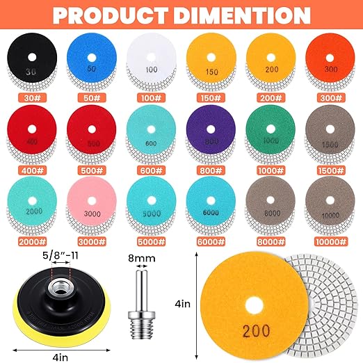 XLIUAX 20 Pack Diamond Polishing Pads Set, 4 Inch Wet/Dry Granite Stone Polish Pad Kit 30-10000 Grit with 5/8’’-11 Backer Pad Drill Grinder Adapter and Wool Disc for Marble Rock Concrete Stone Quartz