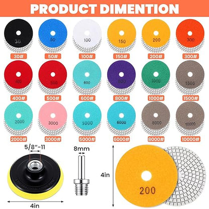 XLIUAX 20 Pack Diamond Polishing Pads Set, 4 Inch Wet/Dry Granite Stone Polish Pad Kit 30-10000 Grit with 5/8’’-11 Backer Pad Drill Grinder Adapter and Wool Disc for Marble Rock Concrete Stone Quartz