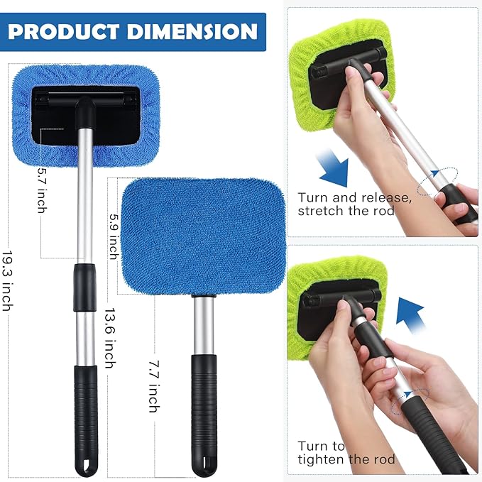 Frienda 3 Set Windshield Cleaner Tool Inside Car Window Cleaner Tool with 3 Extendable Handle 9 Reusable Microfiber Pads and 3 Spray Bottles for Auto Home Interior Exterior Glass Cleaning (Multicolor)