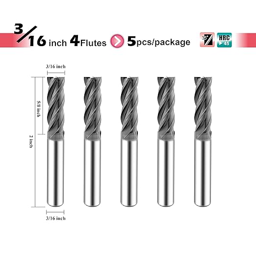 SPEED TIGER Micrograin Carbide Square End Mill - 4 Flute - ISE3/16 4T (5 Pieces, 3/16") - for Milling Alloy Steels, Hardened Steel, Metal & More – Mill Bits Sets for DIYers & Professionals