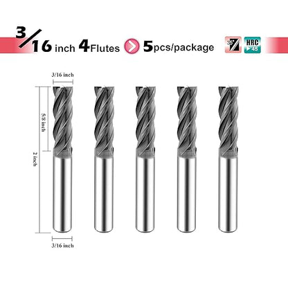 SPEED TIGER Micrograin Carbide Square End Mill - 4 Flute - ISE3/16 4T (5 Pieces, 3/16") - for Milling Alloy Steels, Hardened Steel, Metal & More – Mill Bits Sets for DIYers & Professionals