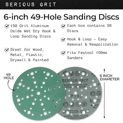 Serious Grit - 6-Inch 49-Hole 150 Grit Sanding Discs - Heavy-Duty Hook & Loop Film Discs - Sandpaper for Random Orbital Sanders - 50 Pack Box
