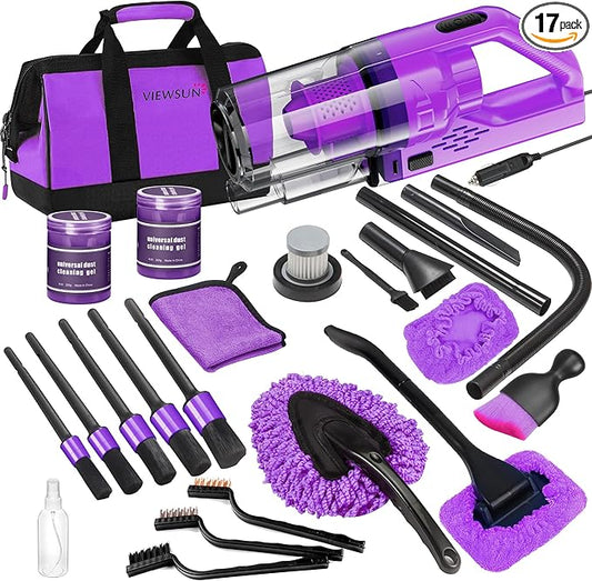 Viewsun 17PCS Car Cleaning Kit, Purple Car Interior Detailing Kit with High Power Handheld Vacuum, Detailing Brush Set, Windshield Cleaner, Cleaning Gel, Complete Auto Accessories for Women Gift