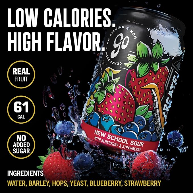Go Brewing - New School Sour Berry - Non-Alcoholic Craft Beer - Small Batch, Low-Calorie Brew - Blueberry and Strawberry Flavor Profile - Bold & Smooth Finish - Ideal for Any Occasion (12 Oz, 12 Cans)