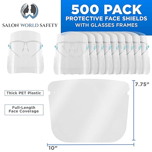TCP Global Salon World Safety 500 Face Shields with Glasses Frames (20 Packs of 25) - Ultra Clear Protective Full Face to Protect Eyes, Nose, Mouth - Anti-Fog PET Plastic Sanitary Droplet Guard