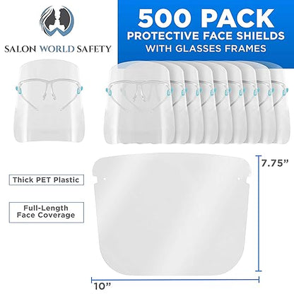 TCP Global Salon World Safety 500 Face Shields with Glasses Frames (20 Packs of 25) - Ultra Clear Protective Full Face to Protect Eyes, Nose, Mouth - Anti-Fog PET Plastic Sanitary Droplet Guard