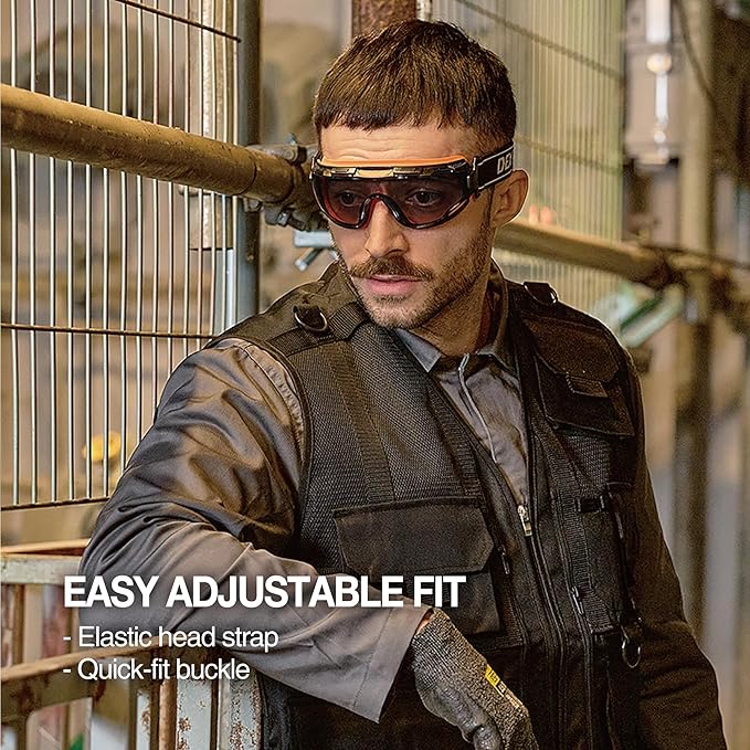 DEX FIT Protective Safety Goggles SG220; Anti Fog & Scratch, Z87 Eye Protection for Work, Adjustable for Women and Men, (Black & Orange Frame, Tinted Lens, 30cm Strap)