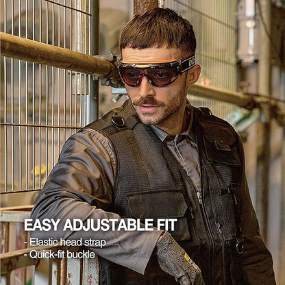 DEX FIT Protective Safety Goggles SG220; Anti Fog & Scratch, Z87 Eye Protection for Work, Adjustable for Women and Men, (Black & Blue Frame, Tinted Lens, 30cm Strap)