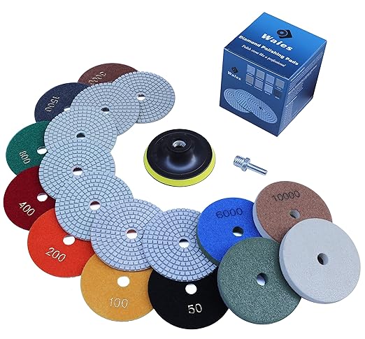 Waies 11 PCS 4 Inch Diamond Polishing Pads Kit Wet/Dry 50-10000 Grit for Concrete Stone Edge Granite Tile Marble Rock Countertop Quartz for Drill Grinder Polisher