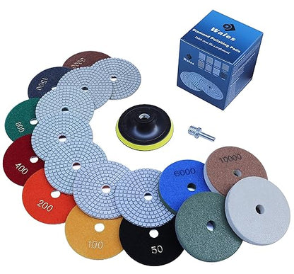 Waies 11 PCS 4 Inch Diamond Polishing Pads Kit Wet/Dry 50-10000 Grit for Concrete Stone Edge Granite Tile Marble Rock Countertop Quartz for Drill Grinder Polisher