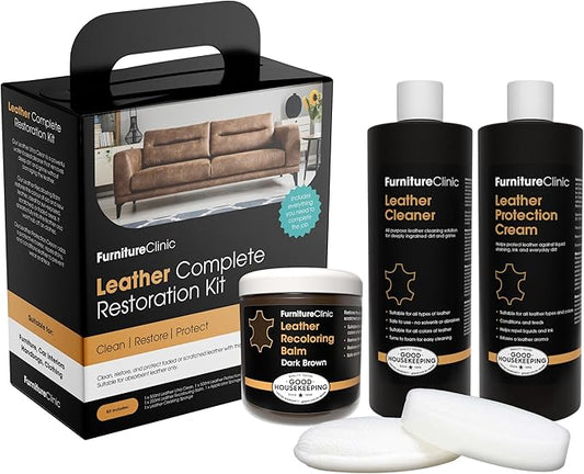 Furniture Clinic Leather Complete Restoration Kit | with Leather Recoloring Balm, Cleaner, 2-in-1 Protection Cream & Conditioner, Sponge, and Cloth | Repair Kit for Furniture (Dark Brown)