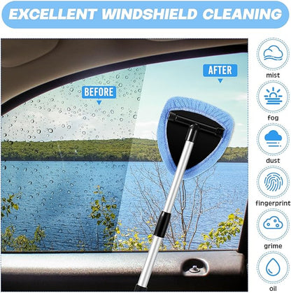 Baderke 10 Pcs Windshield Cleaner Tool Car Window Cleaning Supplies with Extendable Handle Include 6 Washable Microfiber Bonnets 2 Empty 60ml Spray Bottle Glass Wiper Kit(Light Blue)