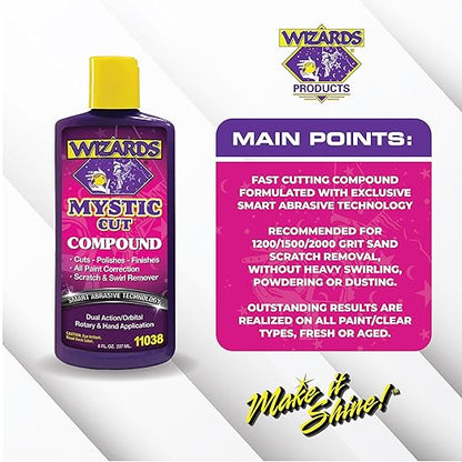 Wizards Mystic Cut Smart Abrasive for Auto Detailing Supplies - No Mess Scratch Remover for Vehicles - Water Based Cutting Compound - Removes Swirls, Defects, Fading, Water Spots - 8 oz