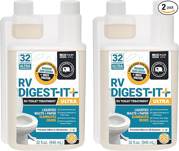 Unique RV Digest-It Ultra RV Toilet Treatment, 64 Uses - Eliminates Smells and Liquifies Waste, Easy-Measure Preventive Holding Tank Treatment, Package May Vary (32 oz, Pack of 2)