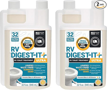 Unique RV Digest-It Ultra RV Toilet Treatment, 64 Uses - Eliminates Smells and Liquifies Waste, Easy-Measure Preventive Holding Tank Treatment, Package May Vary (32 oz, Pack of 2)