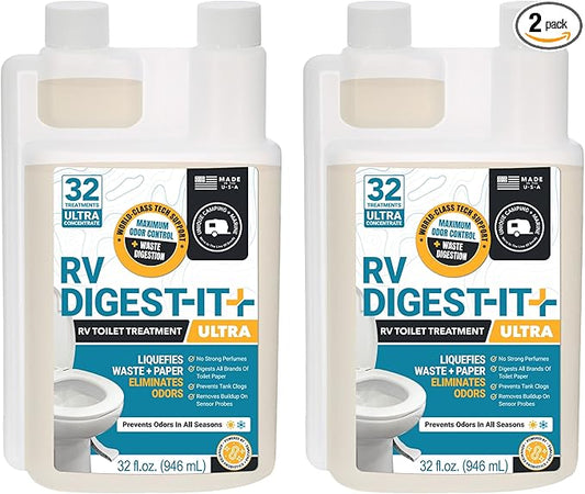 Unique RV Digest-It Ultra RV Toilet Treatment, 64 Uses - Eliminates Smells and Liquifies Waste, Easy-Measure Preventive Holding Tank Treatment, Package May Vary (32 oz, Pack of 2)