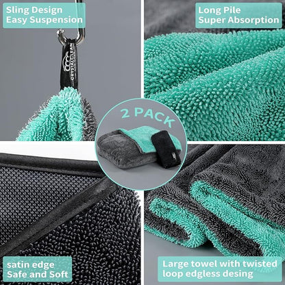 Crystal Clean 1300GSM Microfiber Towels for Cars – XL Drying Towel with Double Twisted Loop, Professional Detailing Towel Car Detailers - Quick Dry, Paint Safe & Swirl-Free (Grey+Green)