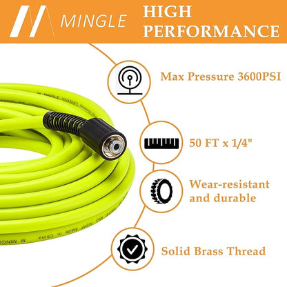 M MINGLE Pressure Washer Hose 50 FT x 1/4", Kink Resistant Power Washer Hose with M22-14 Male Thread to Plug, Compatible with Karcher K2 K3 K4 K5 K6 K7, 3600PSI