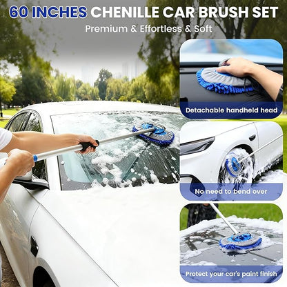 Car Wash Brush with Long Handle, 60'' Car Wash Mop, 7Pcs Chenille Microfiber Cars Washing Kit with Window Squeegee/Microfiber Towels /Wheel Brush for Cars RV Truck Boat Floor Window, Blue