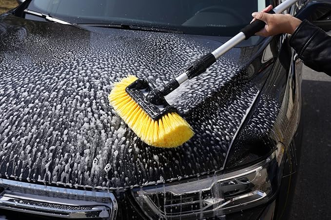 SCRUBIT 12" Car Wash Brush with Soft Bristles for Car Truck Boat Deck & House Cleaning, Exterior Washing Brush Connects with Pole & Hose Storage Bag Included (Yellow)