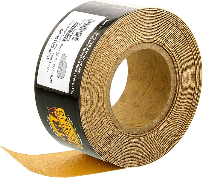 Dura-Gold Premium Gold 150 Grit PSA Longboard Sandpaper, 20 Yard Roll, 2-3/4" Wide, Self Adhesive Stickyback, Woodworking & Automotive Sandpaper Roll, Air File Sand Paper, Auto Sanding Blocks