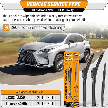 AUTOBOO 26"+22" Windshield Wipers with 16" Rear Wiper Blade Replacement for 2010 2011 2012 2013 2014 2015 Lexus RX450h RX350-Original Factory Quality (Pack of 3)
