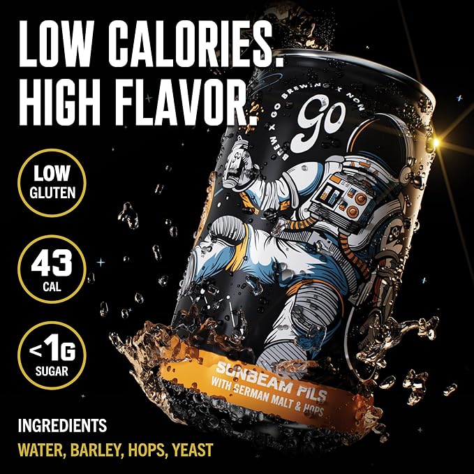 Go Brewing Non-Alcoholic Beer - Small Batch, Low-Calorie Brew - Fresh, Light, and Floral Profile - Bold & Smooth Finish Craft Beer - Classic Ingredients - Suspended in a Sunbeam Pils (12 Oz, 12 Cans)