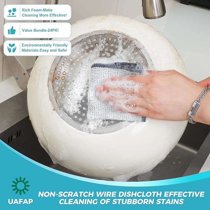 UAFAP 24 PCS Non Scratch Wire Dishcloth, Cleans Fast Without Scratching, Stands Up to Stuck-on Grime, Multi-Surface Safe, Wire Dishwashing Rag Cleaning Power for Everyday Jobs 7.87“ x 7.87”