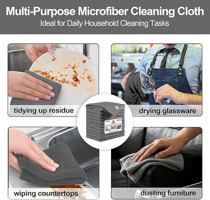 HOMERHYME Microfiber Cleaning Cloth, 12 Pack Grey Cleaning Rags,12" X 11" Lint Free Dish Towels Wash Cloths, Reusable Microfiber Towels for Home and Kitchen Bathroom Apartment Cleaning Supplies