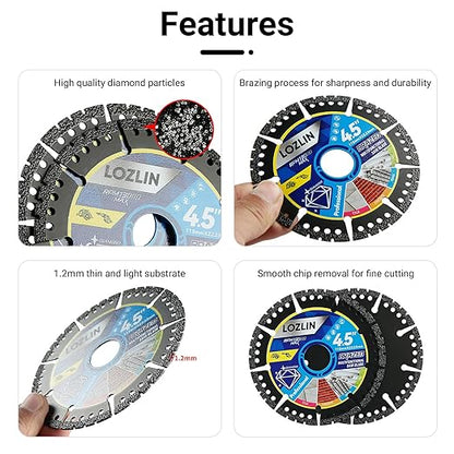 LOZLIN 3-Pack 4.5" Diamond Multi-Purpose Saw Blades - Heavy Duty Angle Grinder Discs for Cutting Marble/Quartz/Stone/Tile/Metal/Plastic